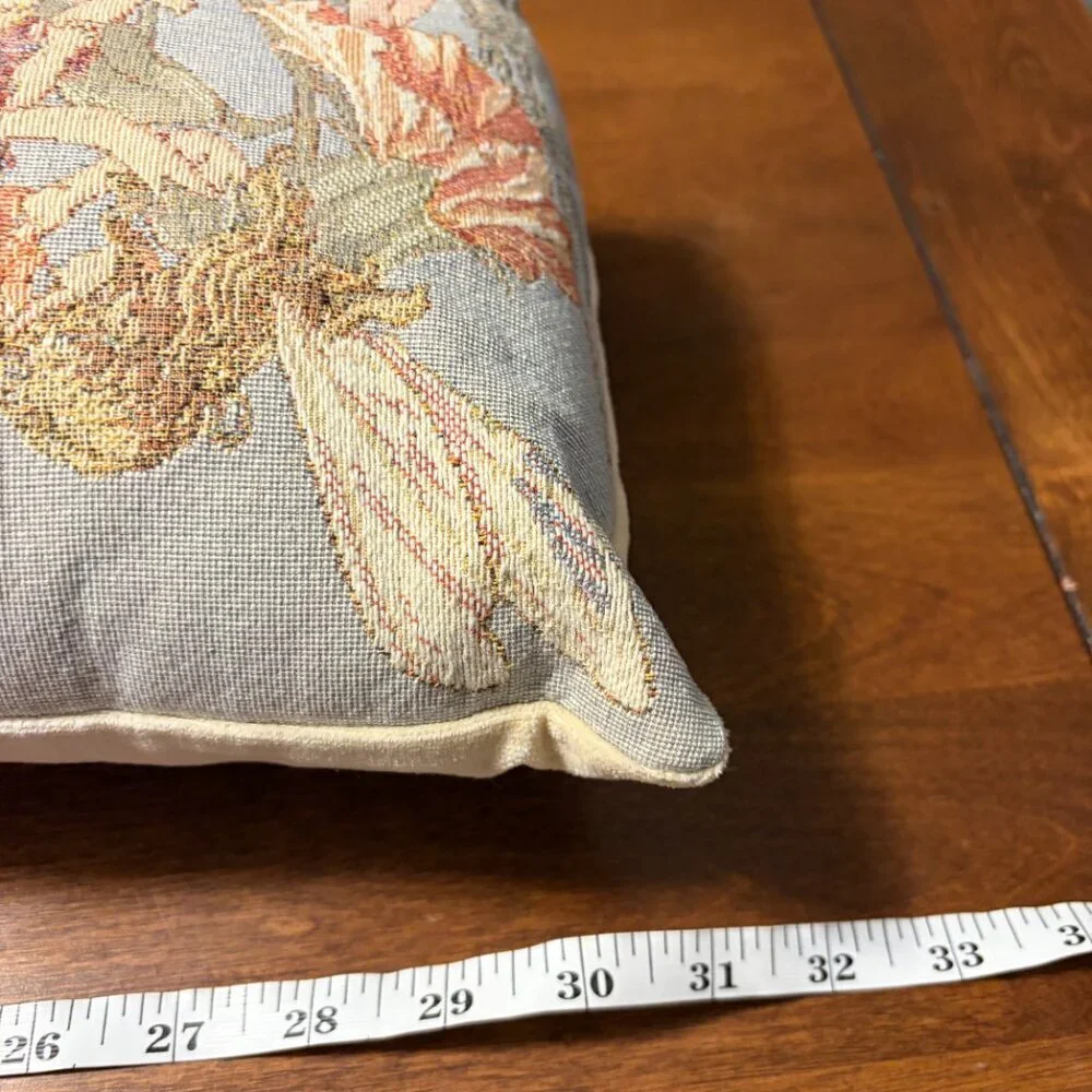 Belgian tapestry lumbar pillow Flemish flower fairies blue green